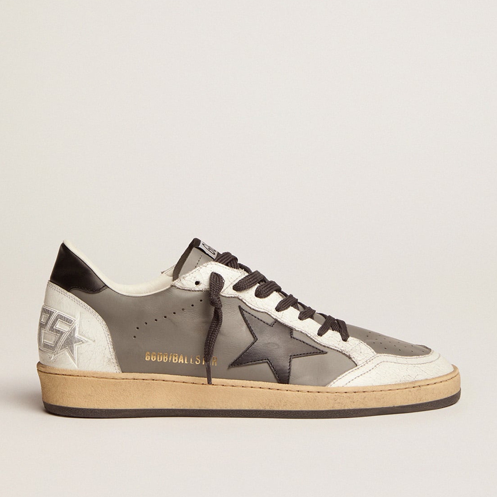 Golden Goose Men's Ball Star In Gray Leather With Black Star And Heel Tab GMF00117.F002517.60324